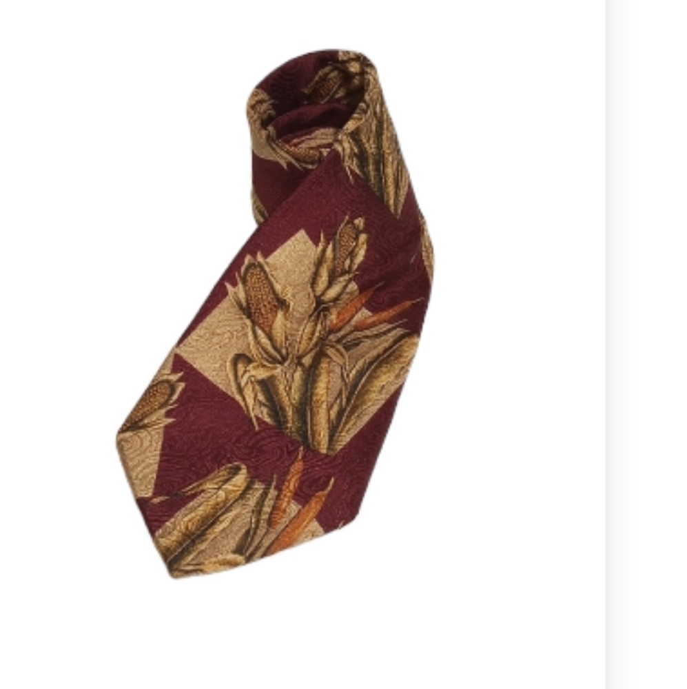 Chaps Ralph Lauren Corn and Cattails Patterned Maroon Silk Tie, 58 x 4